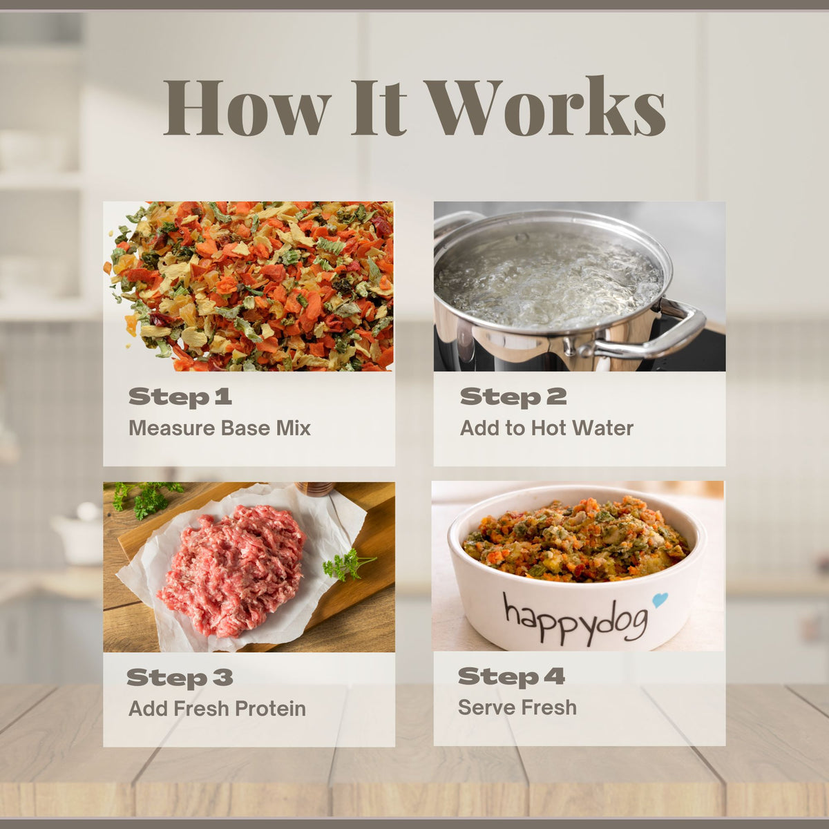 How to prepare fresh dog food using Happy Dog Food vitality grain free base mix in four simple steps