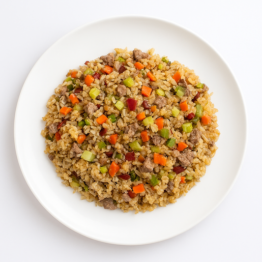 Fresh dog food prepared using a small batch dog food base mix with added protein