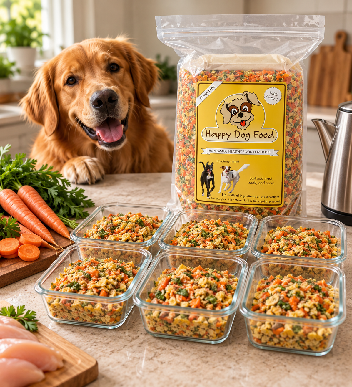 A golden retriever sits behind a kitchen counter with a large bag of Happy Dog Food and several small glass bowls filled with the colorful pet food. Carrots, parsley, raw chicken, and a kettle are visible on the counter.