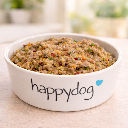 Fresh homemade dog food prepared using Happy Dog Food hearty and healthy express  base mix