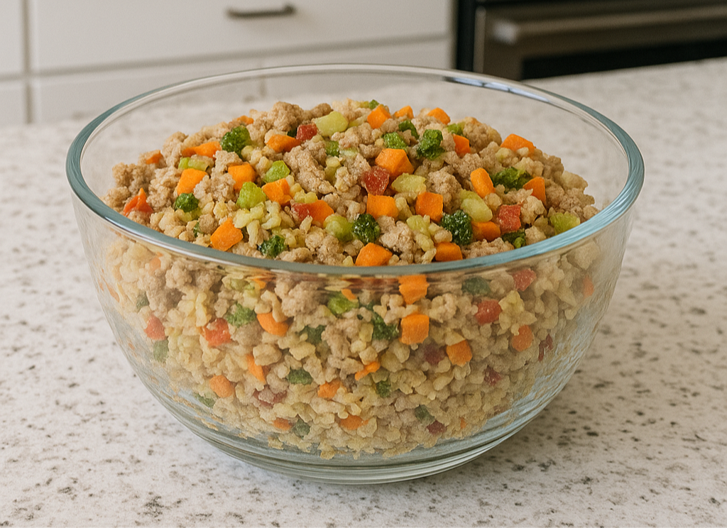 Homemade dog food with real ingredients prepared using Happy Dog Food base mix