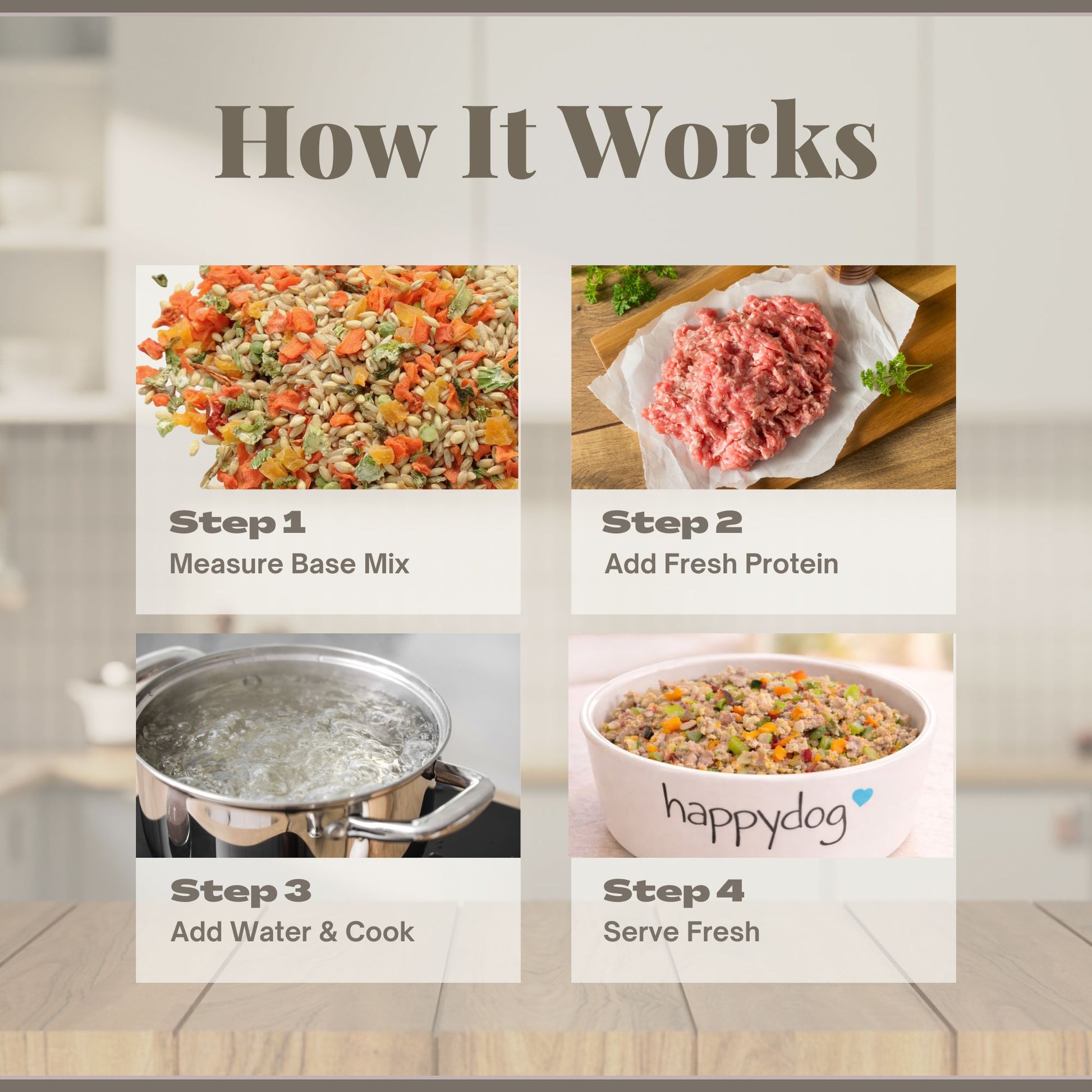 How to prepare fresh dog food using Happy Dog Food original whole grain base mix in four simple steps