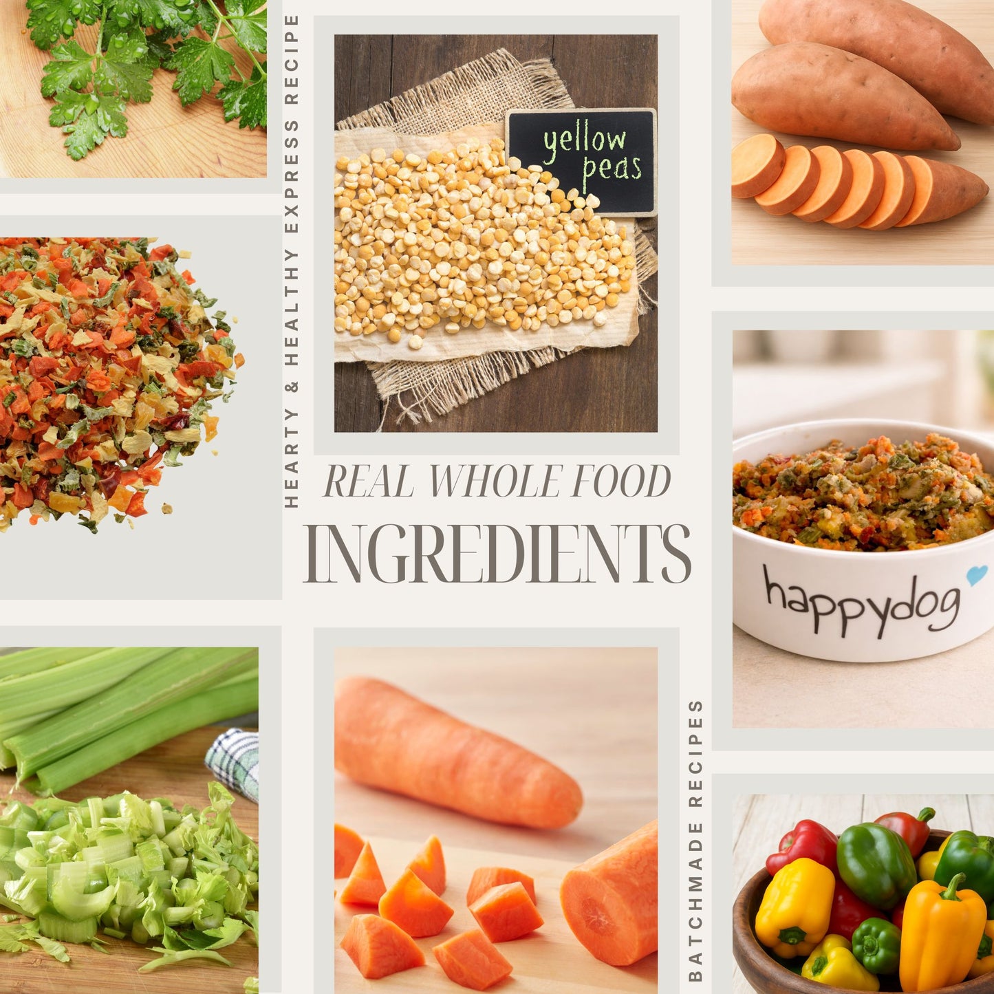 Whole food ingredients including dehydrated carrots peas and other vegetables used in Happy Dog Food