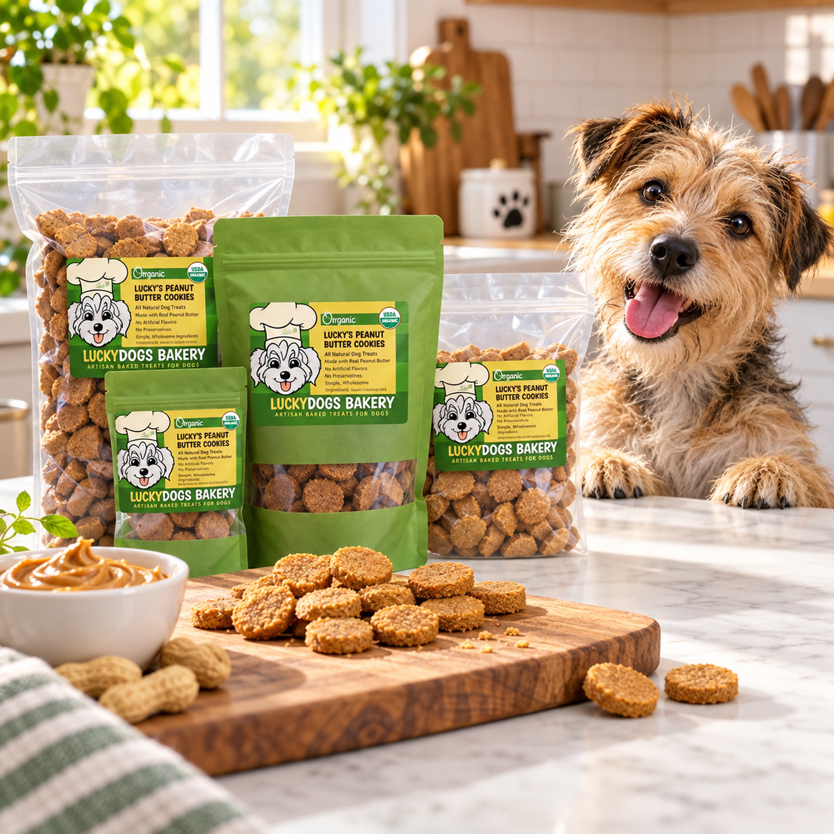 Three bags of Lucky Dogs Bakery peanut butter butter cookies dog treats are displayed on a kitchen counter next to a small terrier dog, with loose cookies on a wooden cutting board and a bowl of peanut butter in the foreground.