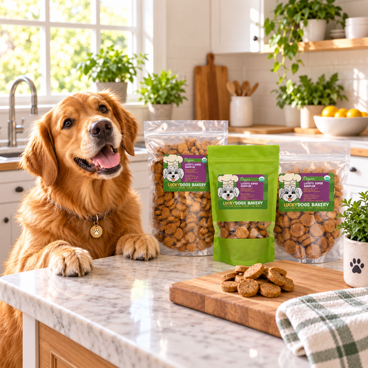 A golden retriever dog sits at a kitchen counter next to three bags of Lucky Dogs Bakery dog treats, with some treats on a wooden cutting board in front of it.