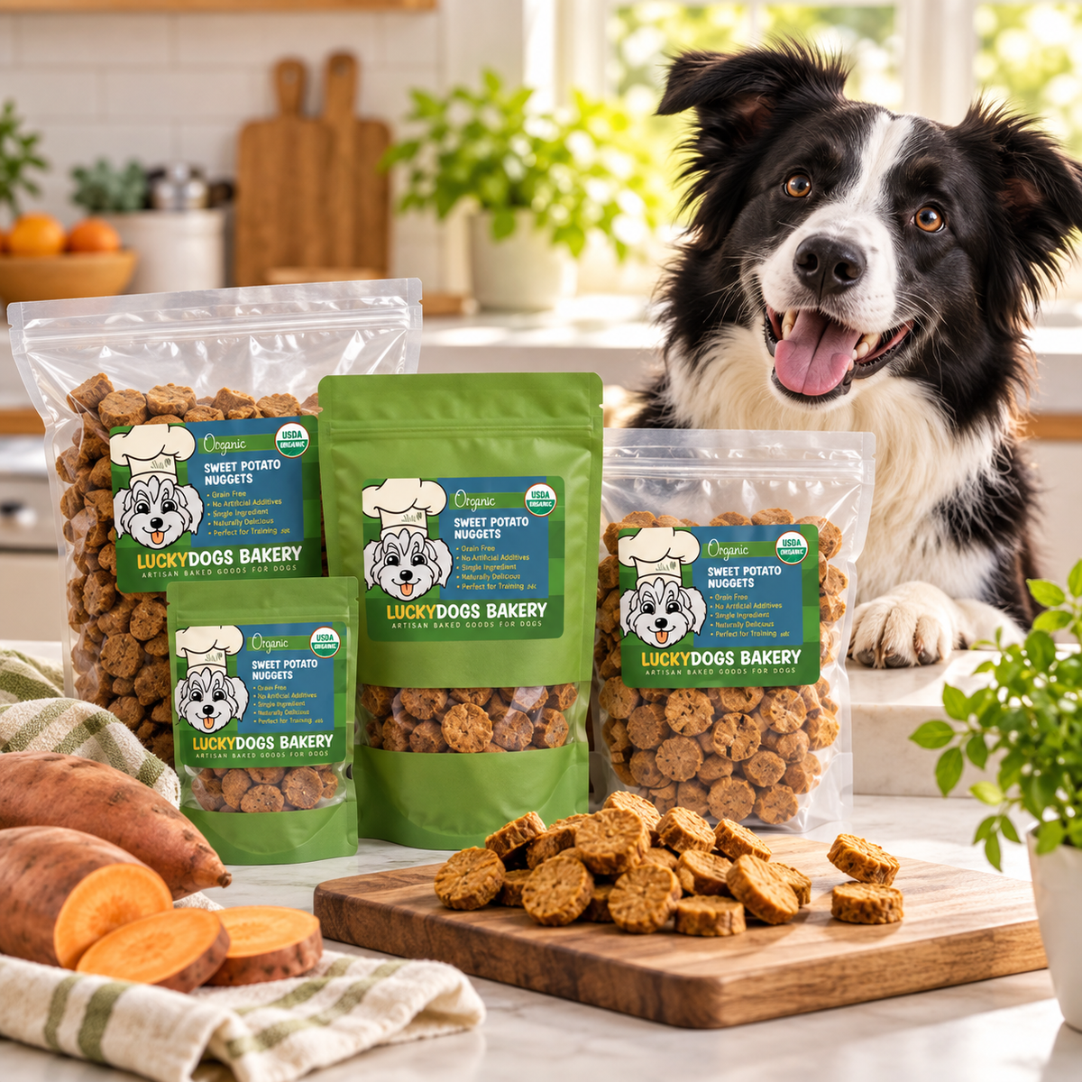 Three bags of Lucky Dogs Bakery Sweet Potato Treats are displayed on a kitchen counter with a black and white dog sitting behind them, alongside sliced sweet potatoes and dog treats on a wooden cutting board.