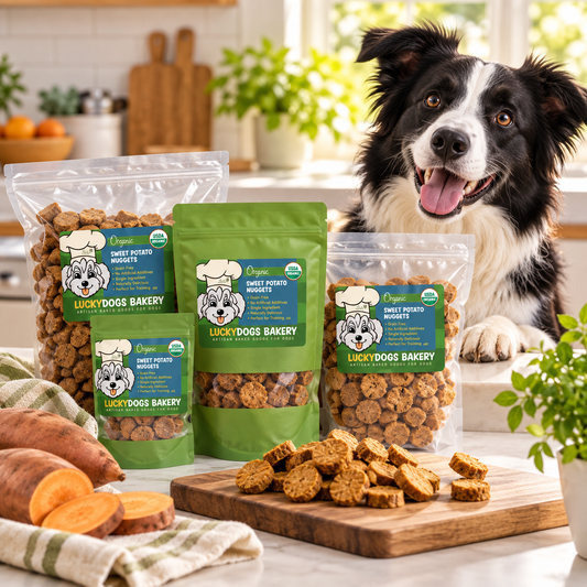 Three bags of Lucky Dogs Bakery Sweet Potato Treats are displayed on a kitchen counter with a black and white dog sitting behind them, alongside sliced sweet potatoes and dog treats on a wooden cutting board.